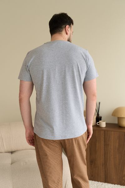 Пижама мужская футболка серый меланж + штаны SOFT в клетку песчаные 0822-3 фото