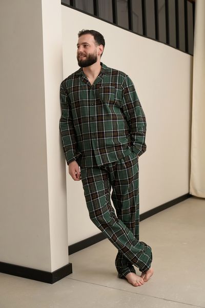 Пижама мужская в клетку фланель SOFT зеленая с желтым 4528 фото