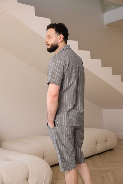 Пижама мужская в линию вареный хлопок COTTON STRIP SHORT с шортами серая 0236 фото