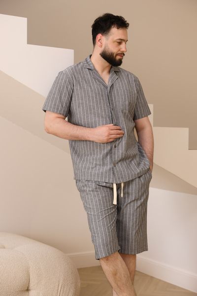 Пижама мужская в линию вареный хлопок COTTON STRIP SHORT с шортами серая 0236 фото