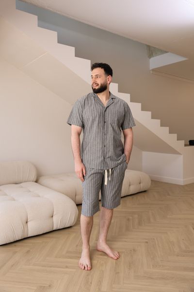 Пижама мужская в линию вареный хлопок COTTON STRIP SHORT с шортами серая 0236 фото