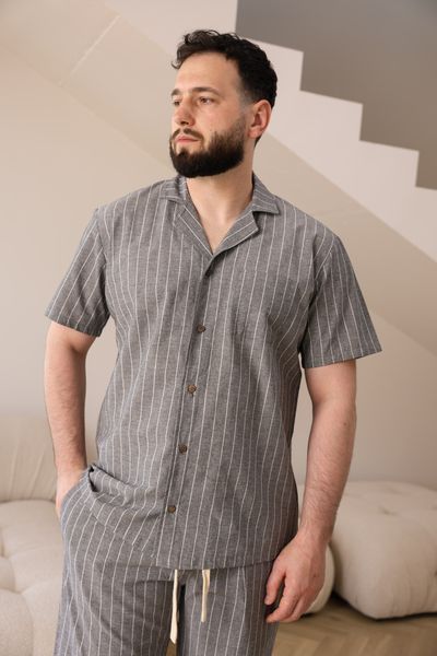 Пижама мужская в линию вареный хлопок COTTON STRIP SHORT с шортами серая 0236 фото