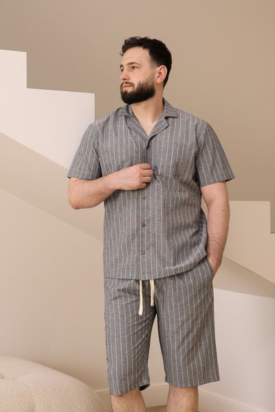Пижама мужская в линию вареный хлопок COTTON STRIP SHORT с шортами серая 0236 фото