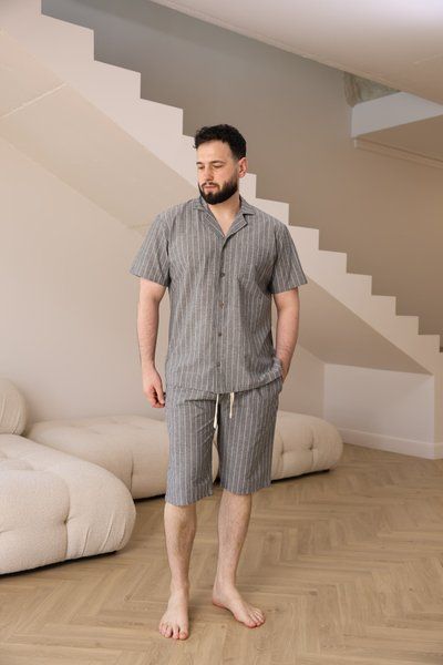 Піжама чоловіча в лінію варена бавовна COTTON STRIP SHORT з шортами сіра 0236 фото
