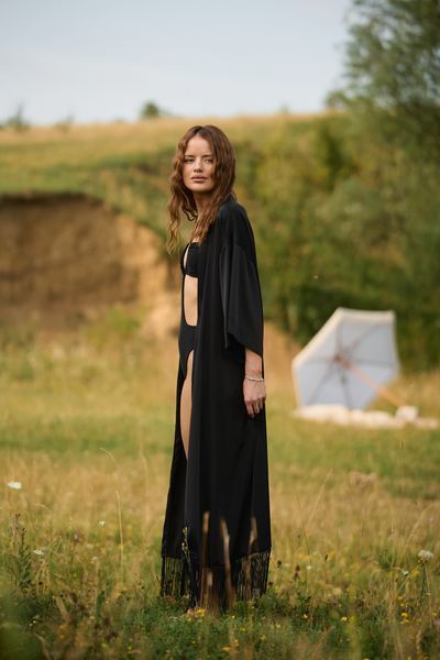 Халат женский шелковый макси BOHO HOME черный 1825 фото