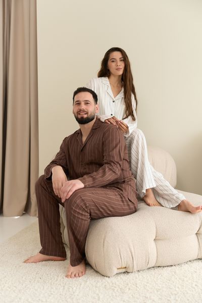 Парна піжама комплектом жіноча чоловіча Family Look льон какао молочна 036465 фото