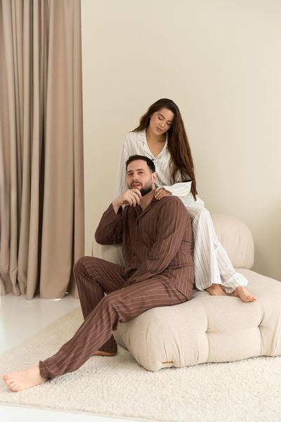 Парна піжама комплектом жіноча чоловіча Family Look льон какао молочна 036465 фото