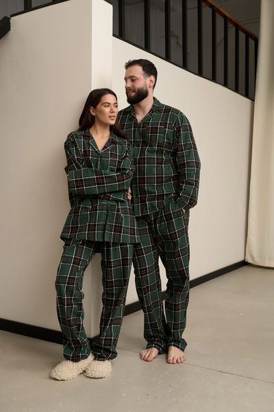 Парна піжама комплектом жіноча чоловіча Family Look фланель зелена з жовтим 452828 фото