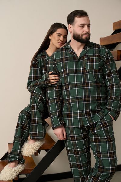 Парна піжама комплектом жіноча чоловіча Family Look фланель зелена з жовтим 452828 фото