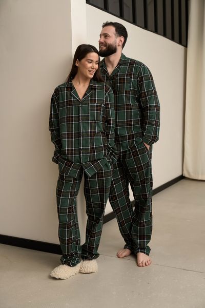 Парна піжама комплектом жіноча чоловіча Family Look фланель зелена з жовтим 452828 фото