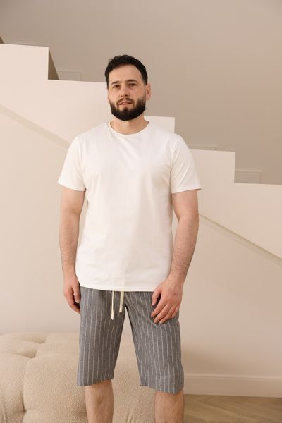 Піжама чоловіча футболка молочна + шорти COTTON STRIP в лінію сірі 0936-1 фото