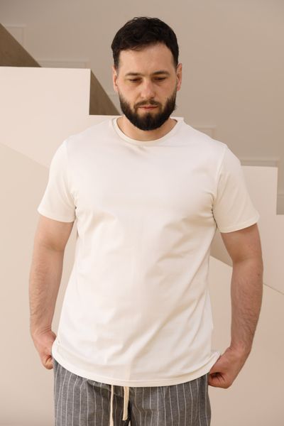 Піжама чоловіча футболка молочна + шорти COTTON STRIP в лінію сірі 0936-1 фото
