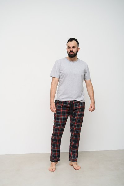 Пижама мужская футболка серая + штаны в клетку черные 0807-2 фото