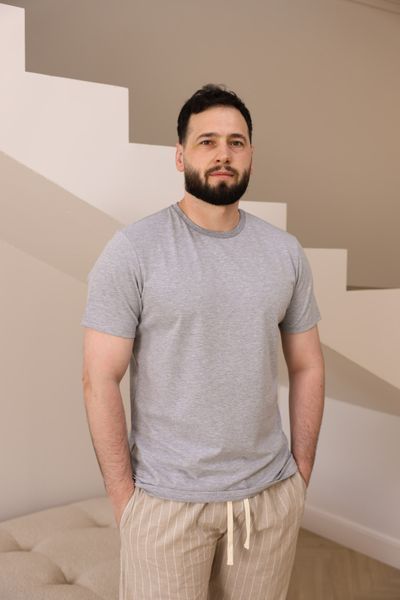 Пижама мужская футболка серая меланж + штаны COTTON STRIP в линию бежевые 0835 фото