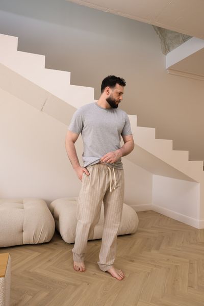 Пижама мужская футболка серая меланж + штаны COTTON STRIP в линию бежевые 0835 фото
