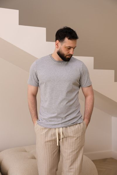 Пижама мужская футболка серая меланж + штаны COTTON STRIP в линию бежевые 0835 фото