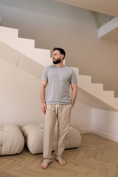 Пижама мужская футболка серая меланж + штаны COTTON STRIP в линию бежевые 0835 фото