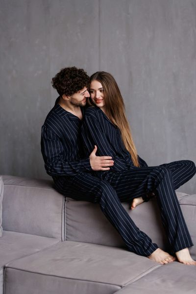 Парна піжама комплектом жіноча чоловіча Family Look льон темно-синя 036060 фото