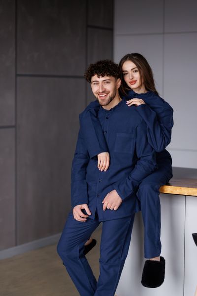 Парная пижама комплект женская мужская Family Look фланель синяя 451717 фото