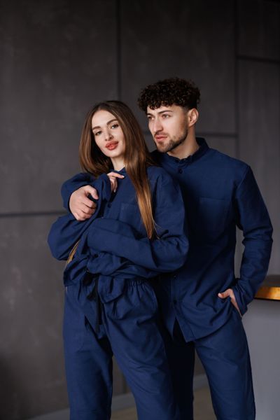 Парная пижама комплект женская мужская Family Look фланель синяя 451717 фото