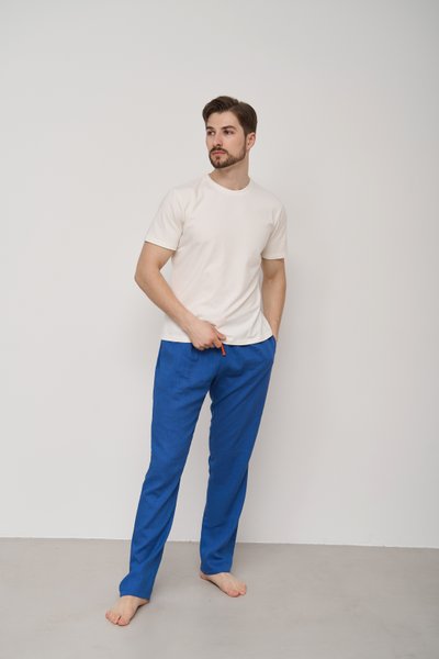 Піжама чоловіча футболка молочна + штани льон сині 0929-1 фото