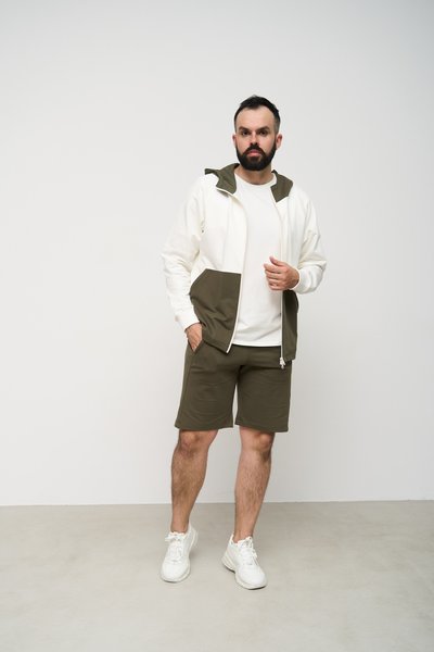 Спортивний костюм чоловічий ТРІЙКА літо SUMMER з кофтою на замку + шорти + футболка молочний хакі 2103-1 фото