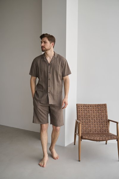 Піжама чоловіча у смужку льон LINEN STRIP SHORT з шортами мокко 0261 фото