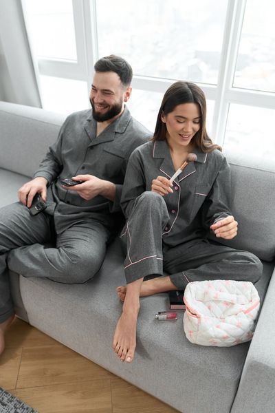 Парна піжама комплектом жіноча чоловіча Family Look варена бавовна з кантом графіт 454242 фото