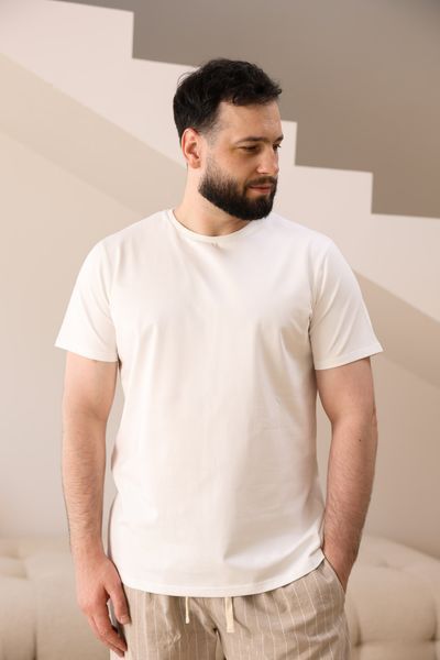 Піжама чоловіча футболка молочна + штани COTTON STRIP в лінію бежеві 0835-1 фото