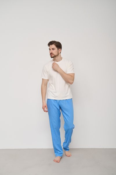 Пижама мужская футболка молочная + штаны лен голубые 0928-1 фото