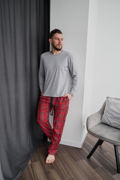 Пижама мужская лонгслив + штаны в клетку красные 0868-1 фото