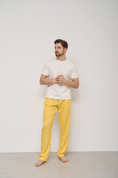 Пижама мужская футболка молочная + штаны лен желтые 0925-1 фото