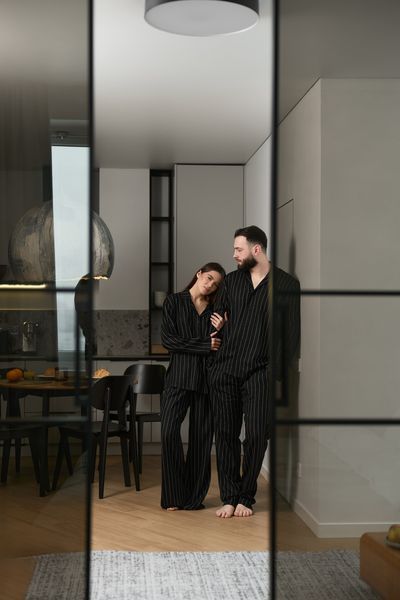 Парная пижама комплект женская мужская Family Look лен черная 036262 фото