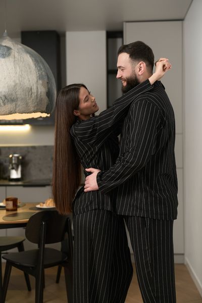 Парная пижама комплект женская мужская Family Look лен черная 036262 фото