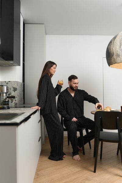 Парная пижама комплект женская мужская Family Look лен черная 036262 фото