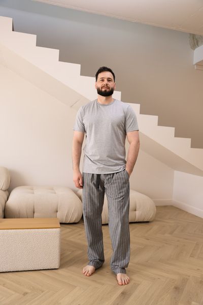 Піжама чоловіча футболка сіра меланж + штани COTTON STRIP в лінію сірі 0836 фото