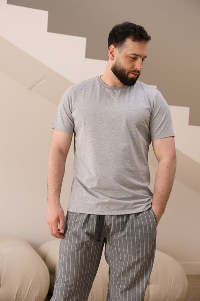 Піжама чоловіча футболка сіра меланж + штани COTTON STRIP в лінію сірі 0836 фото