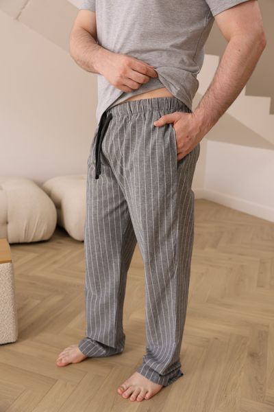 Піжама чоловіча футболка сіра меланж + штани COTTON STRIP в лінію сірі 0836 фото