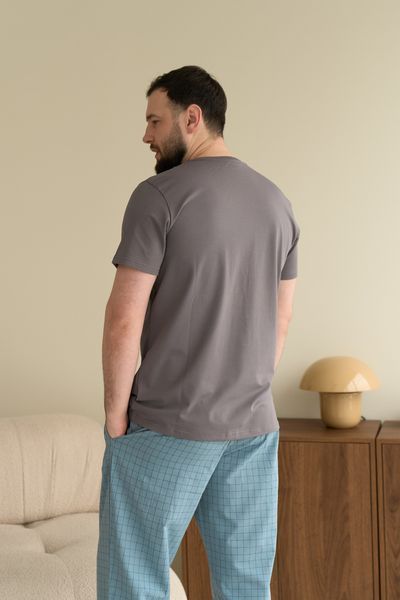 Пижама мужская футболка серая + штаны HOMELY в клетку синие 0805-3 фото