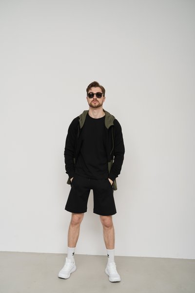 Спортивний костюм чоловічий ТРІЙКА літо SUMMER з кофтою на замку + шорти + футболка чорний хакі 2133-2 фото