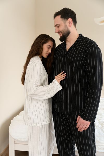 Парная пижама комплектом женская мужская Family Look лен черная молочная 036265 фото