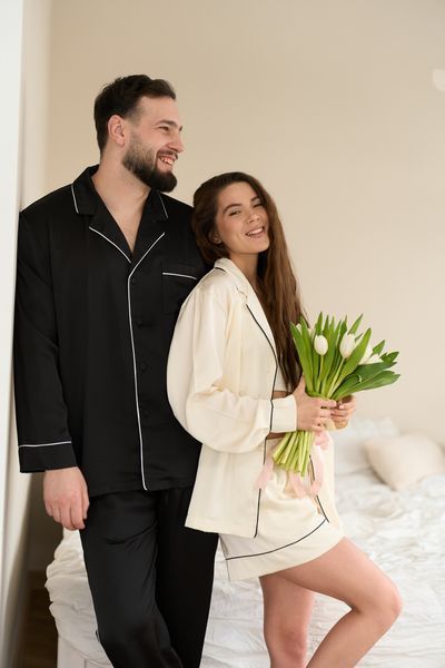 Парна піжама комплектом жіноча (сорочка+шорти) чоловіча Family Look сатин чорна айворі 45320230 фото