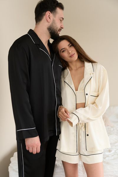 Парна піжама комплектом жіноча (сорочка+шорти) чоловіча Family Look сатин чорна айворі 45320230 фото