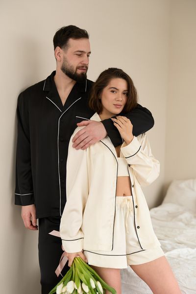 Парна піжама комплектом жіноча (сорочка+шорти) чоловіча Family Look сатин чорна айворі 45320230 фото