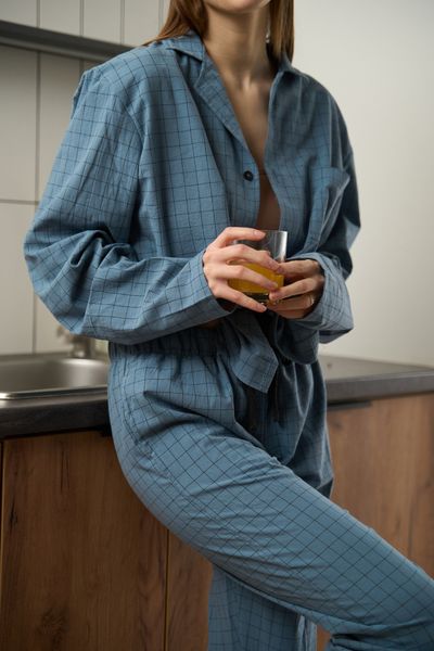 Пижама женская в клеточку вареный хлопок HOMELY синяя 4505-1 фото