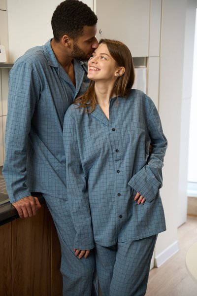 Парная пижама комплектом женская мужская Family Look вареный хлопок синяя 450505 фото