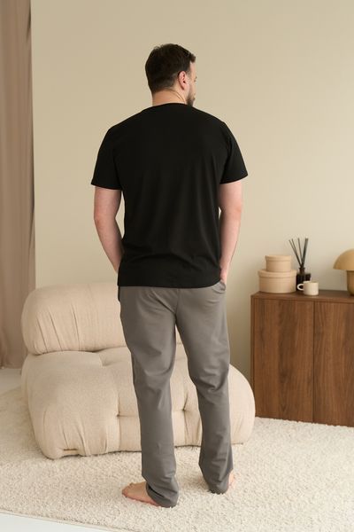 Пижама мужская COTTON BASIC футболка черная + штаны прямые серые 0817-5 фото