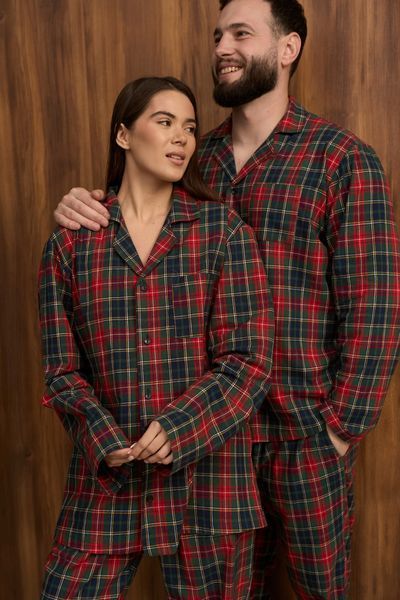 Парна піжама комплектом жіноча чоловіча Family Look фланель зелена з червоним 452424 фото