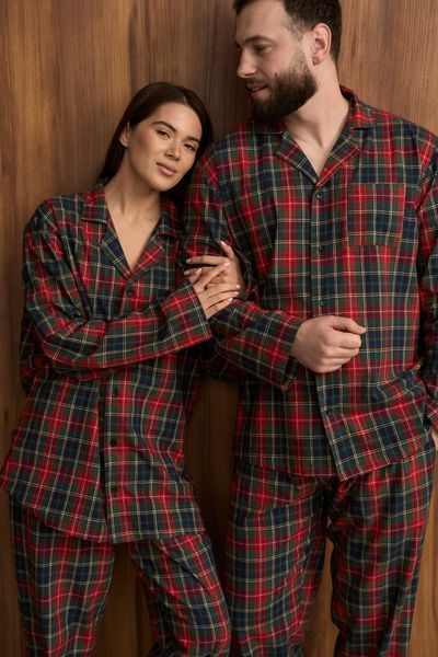 Парна піжама комплектом жіноча чоловіча Family Look фланель зелена з червоним 452424 фото