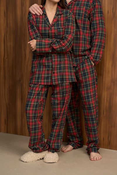 Парна піжама комплектом жіноча чоловіча Family Look фланель зелена з червоним 452424 фото